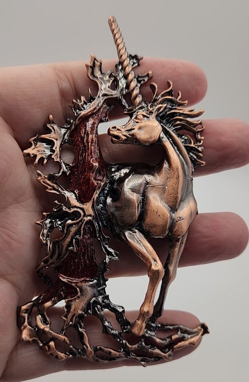 Unicorn Brooch Copper Color Metal Reddish Orange Glittery Accents Majestic Size